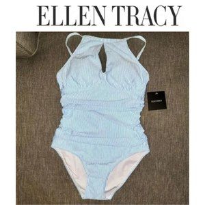 🆕️Ellen Tracy Women's High Neck Key Hole One Piece pinstriped swimsuit size 8